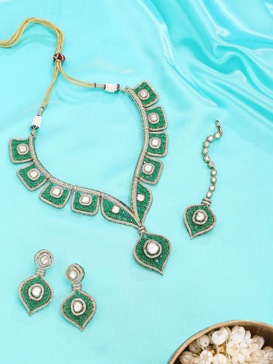 Leaf Motif Green and Pink Stone Studded Necklace and Earrings Set