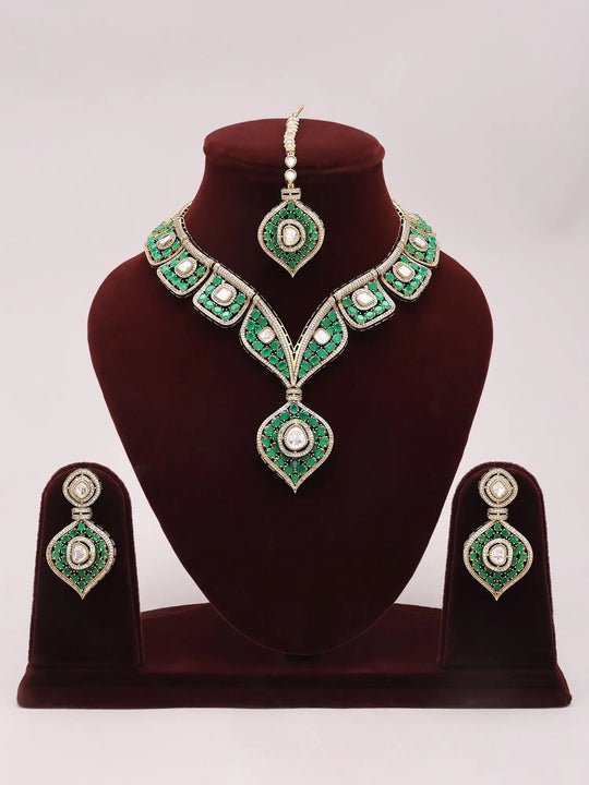Leaf Motif Green and Pink Stone Studded Necklace and Earrings Set