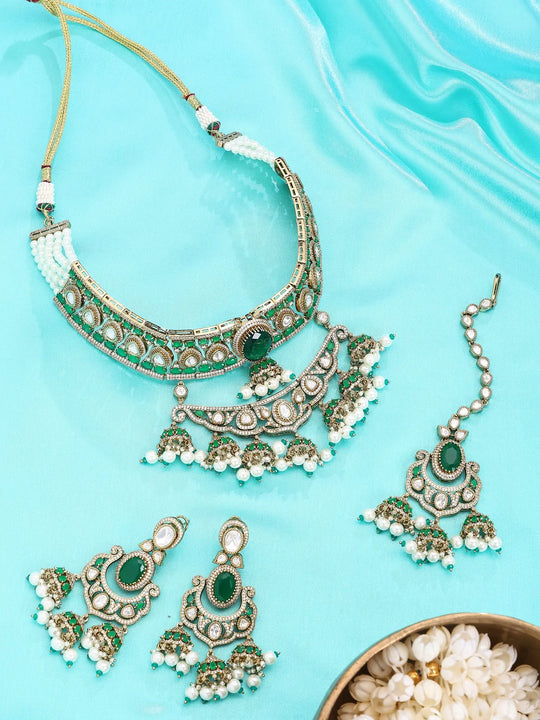Emerald Green Kundan Bridal Necklace Set with Pearl Drops