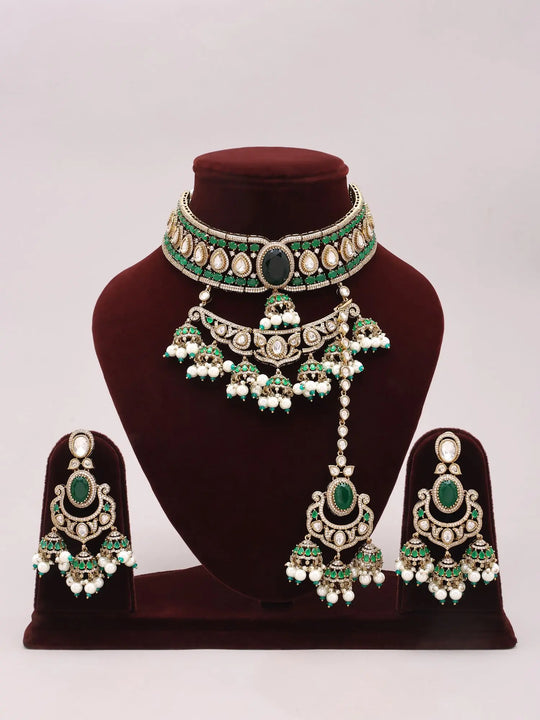 Emerald Green Kundan Bridal Necklace Set with Pearl Drops
