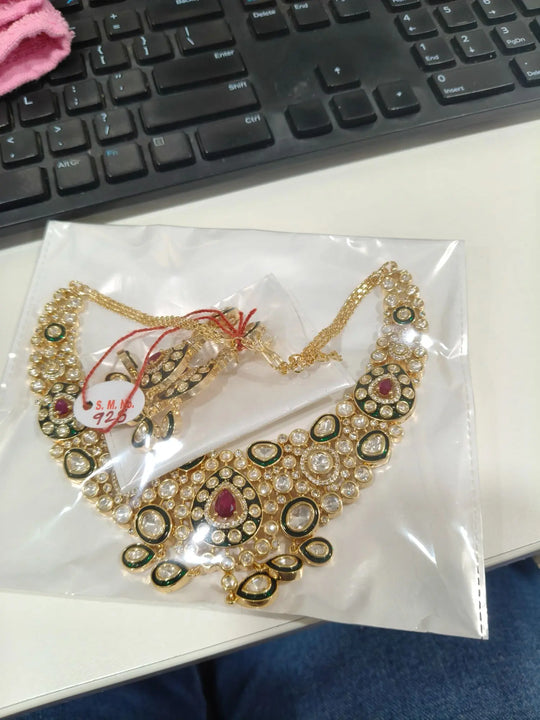 Red and White Brass Necklace Set with Meenakari Detail