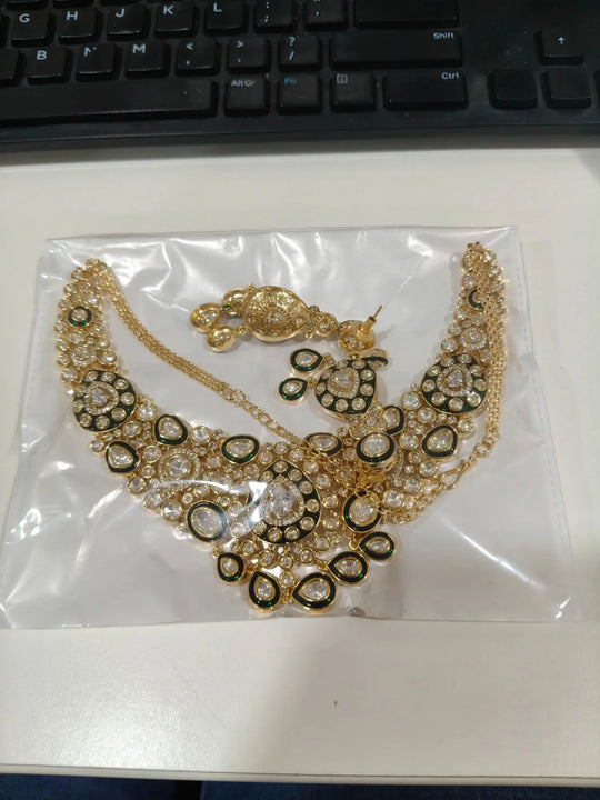 Red and White Brass Necklace Set with Meenakari Detail
