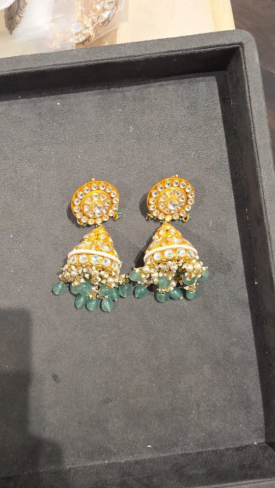 Antique Brass Jhumka Earrings with Meenakari Finish