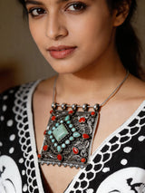 Turquoise and Coral Filigree Sterling Silver Pendant