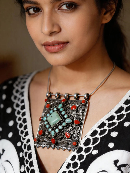 Turquoise and Coral Filigree Sterling Silver Pendant