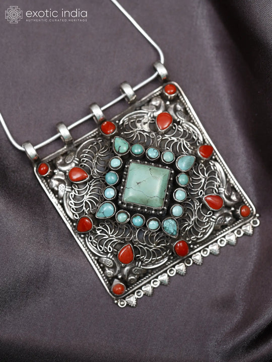 Turquoise and Coral Filigree Sterling Silver Pendant