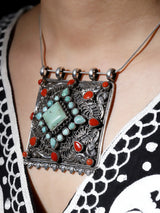 Turquoise and Coral Filigree Sterling Silver Pendant