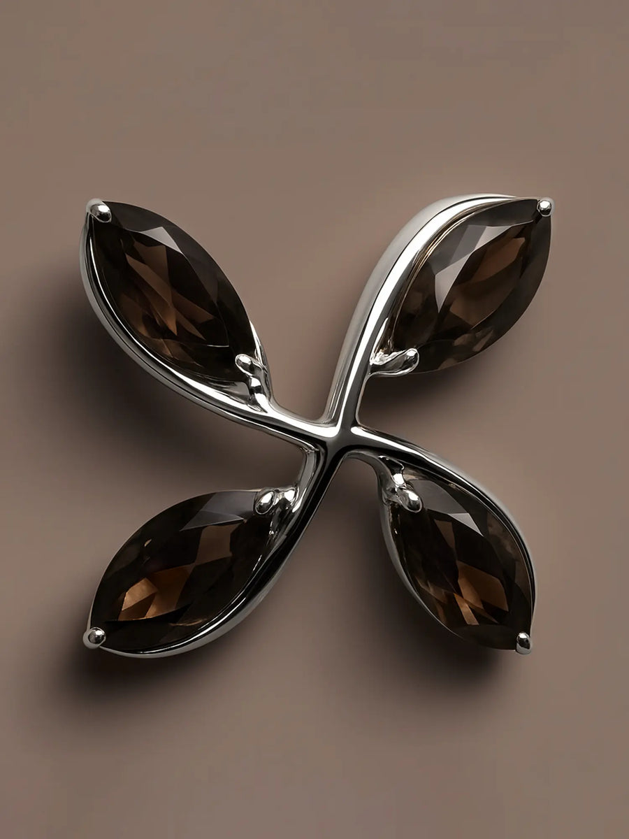 Smoky Quartz Marquise Four Petal Flower Sterling Silver Pendant
