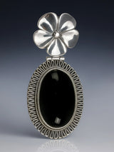 Black Onyx Oval Pendant with Floral Bale in Sterling Silver