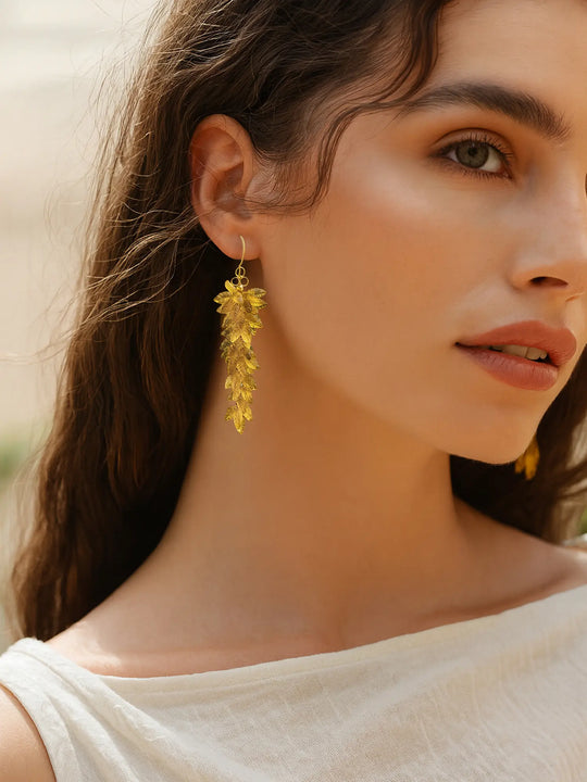 Carved Citrine Leaf Cluster 18K Gold Earrings