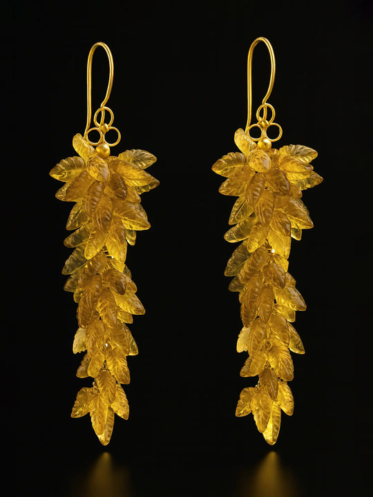 Carved Citrine Leaf Cluster 18K Gold Earrings