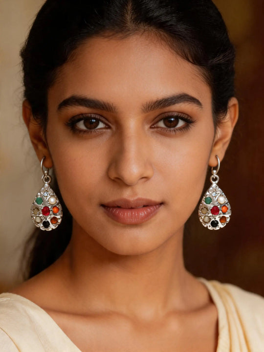 Navaratna Teardrop Sterling Silver Dangle Earrings