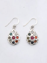 Navaratna Teardrop Sterling Silver Dangle Earrings
