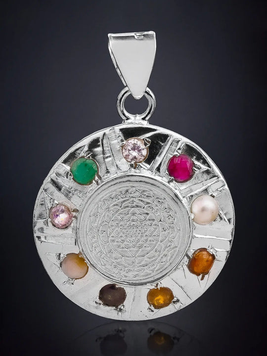 Shri Yantra Navaratna Sterling Silver and Copper Pendant
