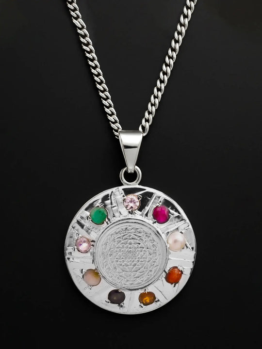 Shri Yantra Navaratna Sterling Silver and Copper Pendant