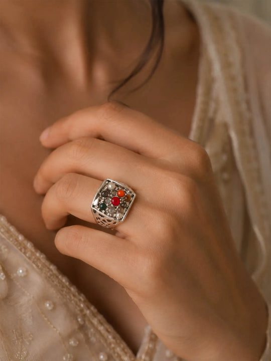 Navaratna Sterling Silver Finger Ring