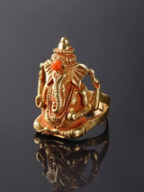 Seated Ganesha Coral Inlay 18K Gold Ring