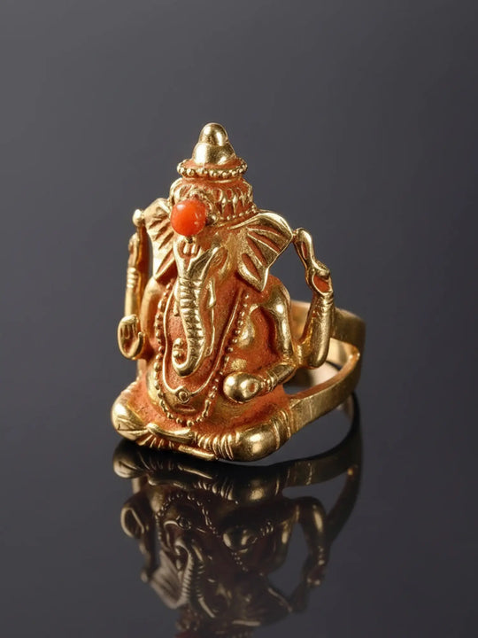 Seated Ganesha Coral Inlay 18K Gold Ring