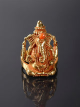 Seated Ganesha Coral Inlay 18K Gold Ring