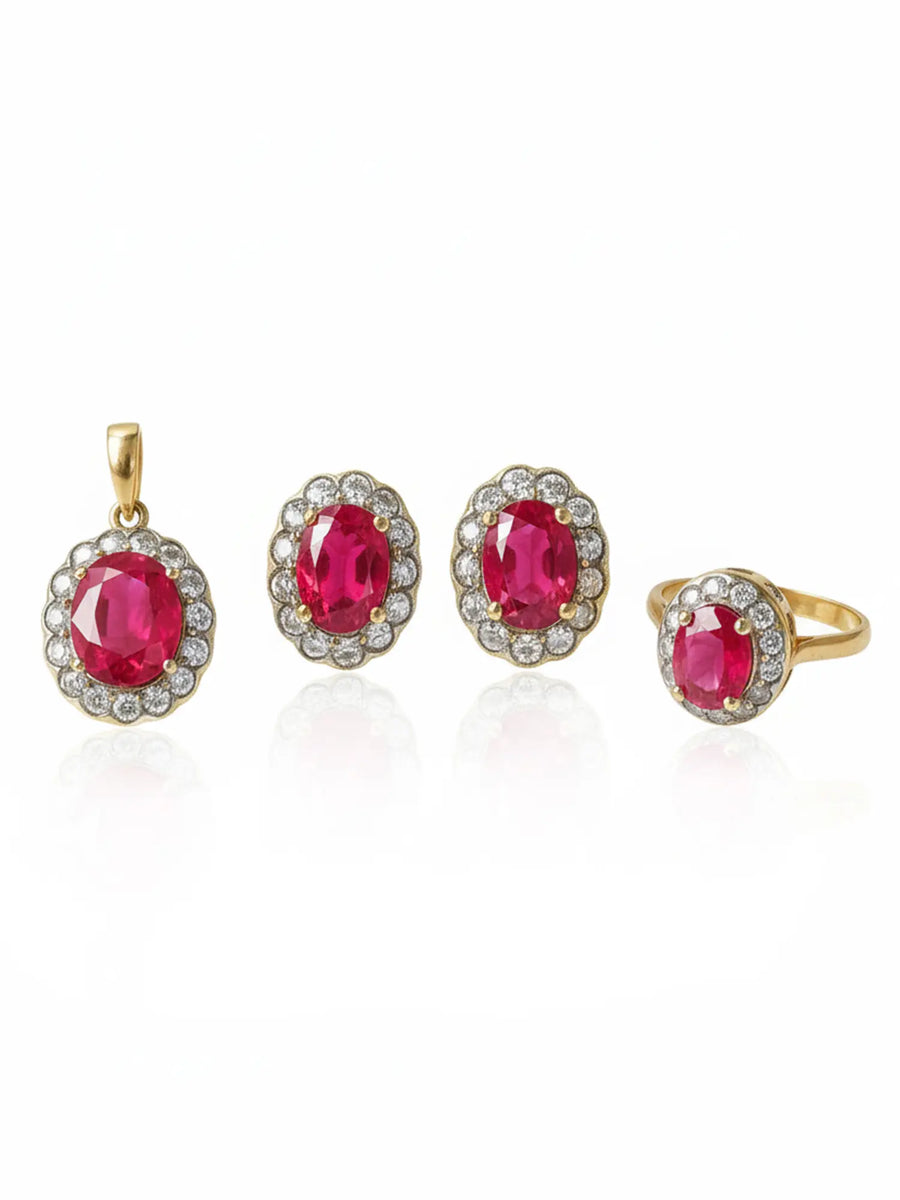 Faceted Ruby and Diamond 18K Gold Pendant Ring Set