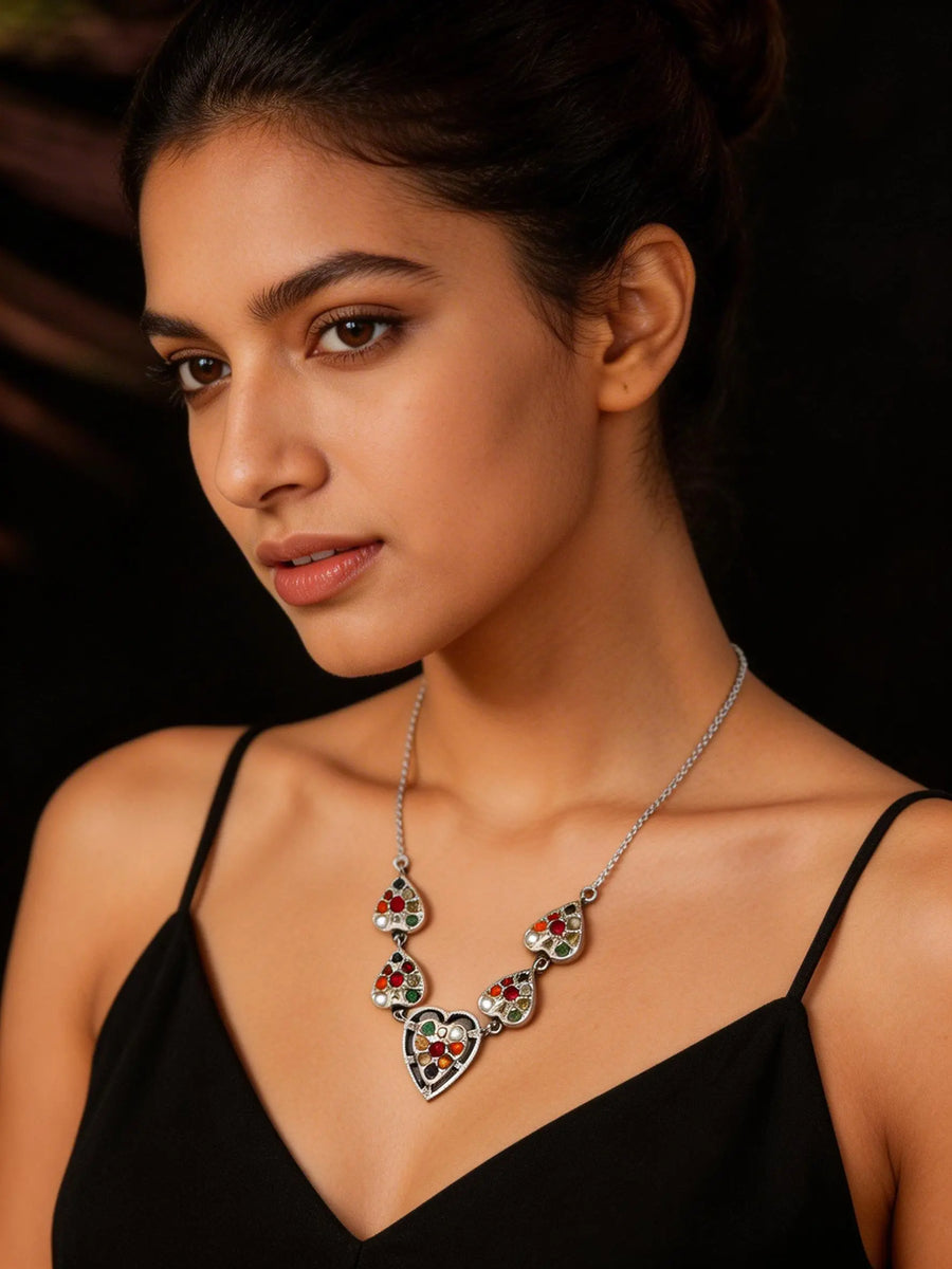 Navaratna Heart Sterling Silver Necklace