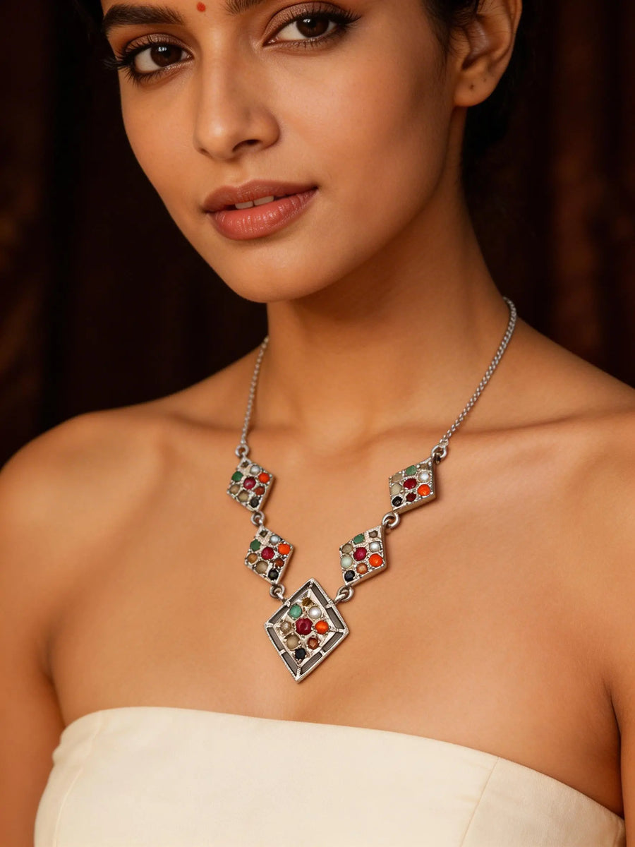 Kite Shape Navaratna Sterling Silver Necklace