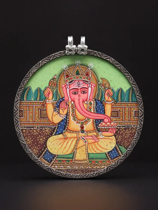 Hand Painted Chaturbhuja Ganesha Sterling Silver Pendant
