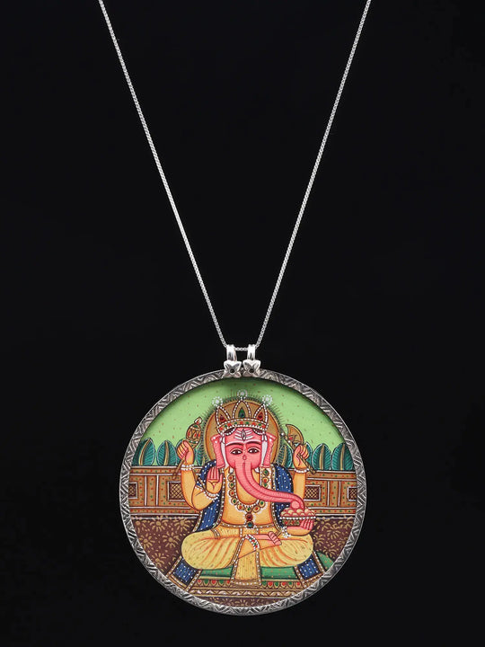 Hand Painted Chaturbhuja Ganesha Sterling Silver Pendant