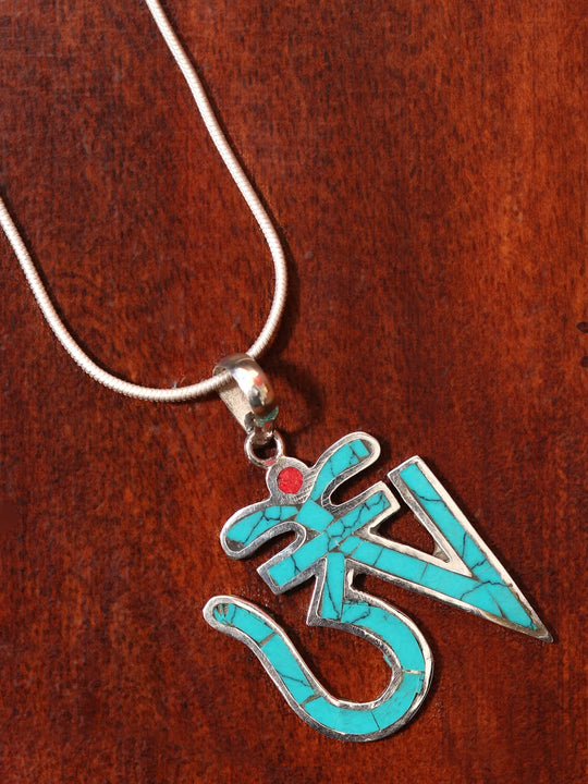 Turquoise Inlay Om Sterling Silver Pendant from Nepal