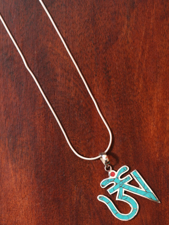 Turquoise Inlay Om Sterling Silver Pendant from Nepal