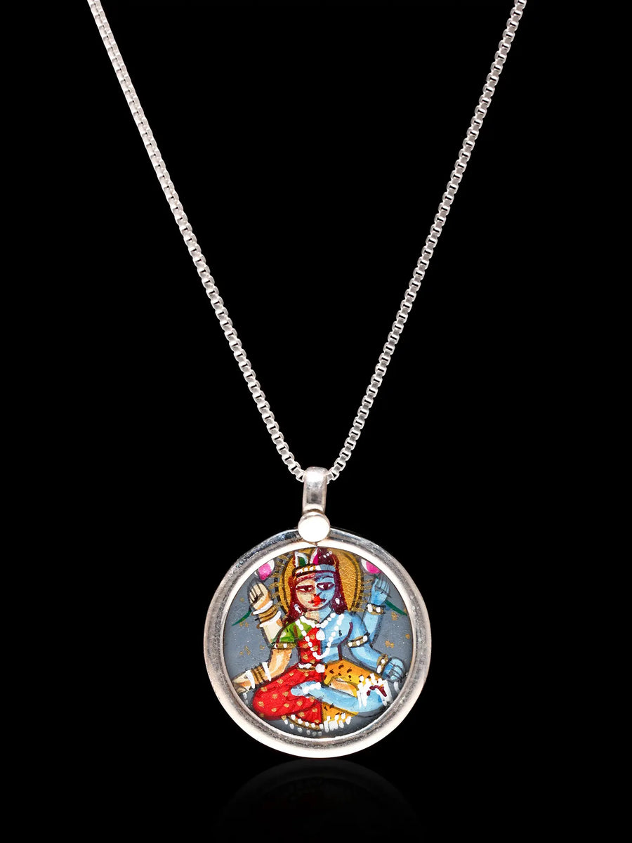 Hand-Painted Ardhanarishvara Sterling Silver Pendant