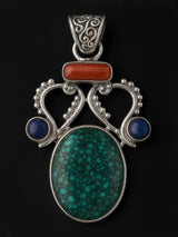 Turquoise Coral and Lapis Lazuli Sterling Silver Pendant