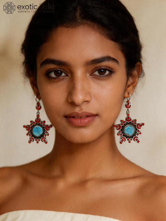 Persian Turquoise and Coral Sterling Silver Earrings