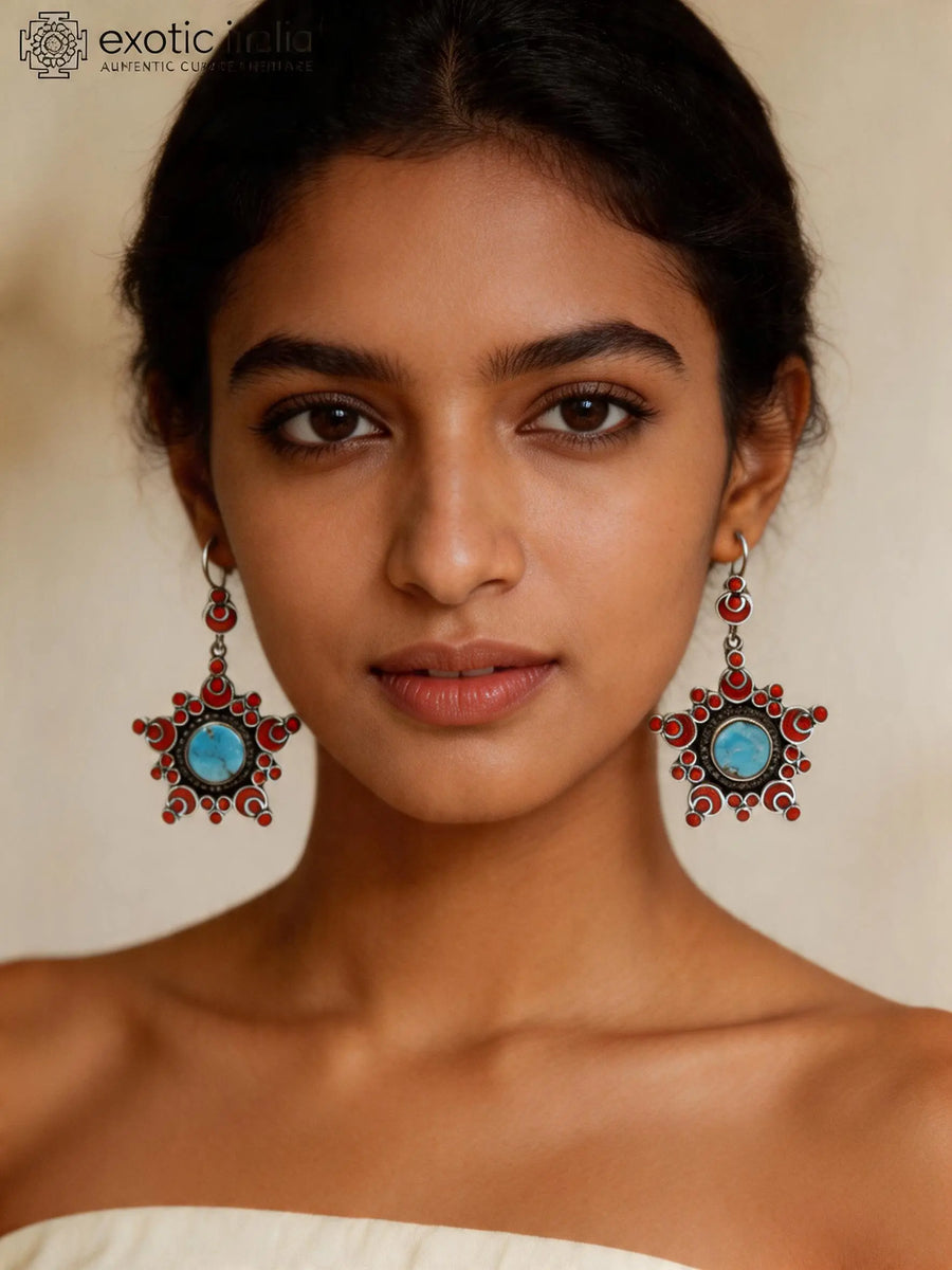 Persian Turquoise and Coral Sterling Silver Earrings