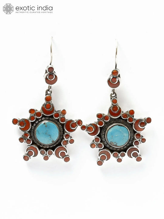 Persian Turquoise and Coral Sterling Silver Earrings