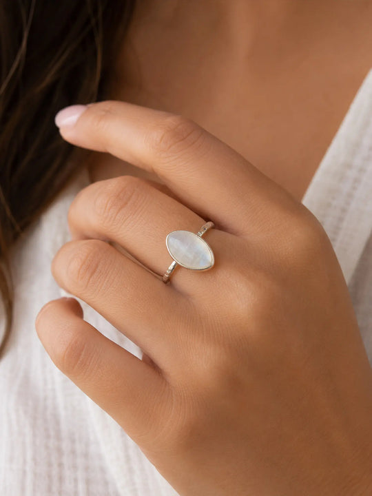Marquise Cut Rainbow Moonstone Sterling Silver Ring