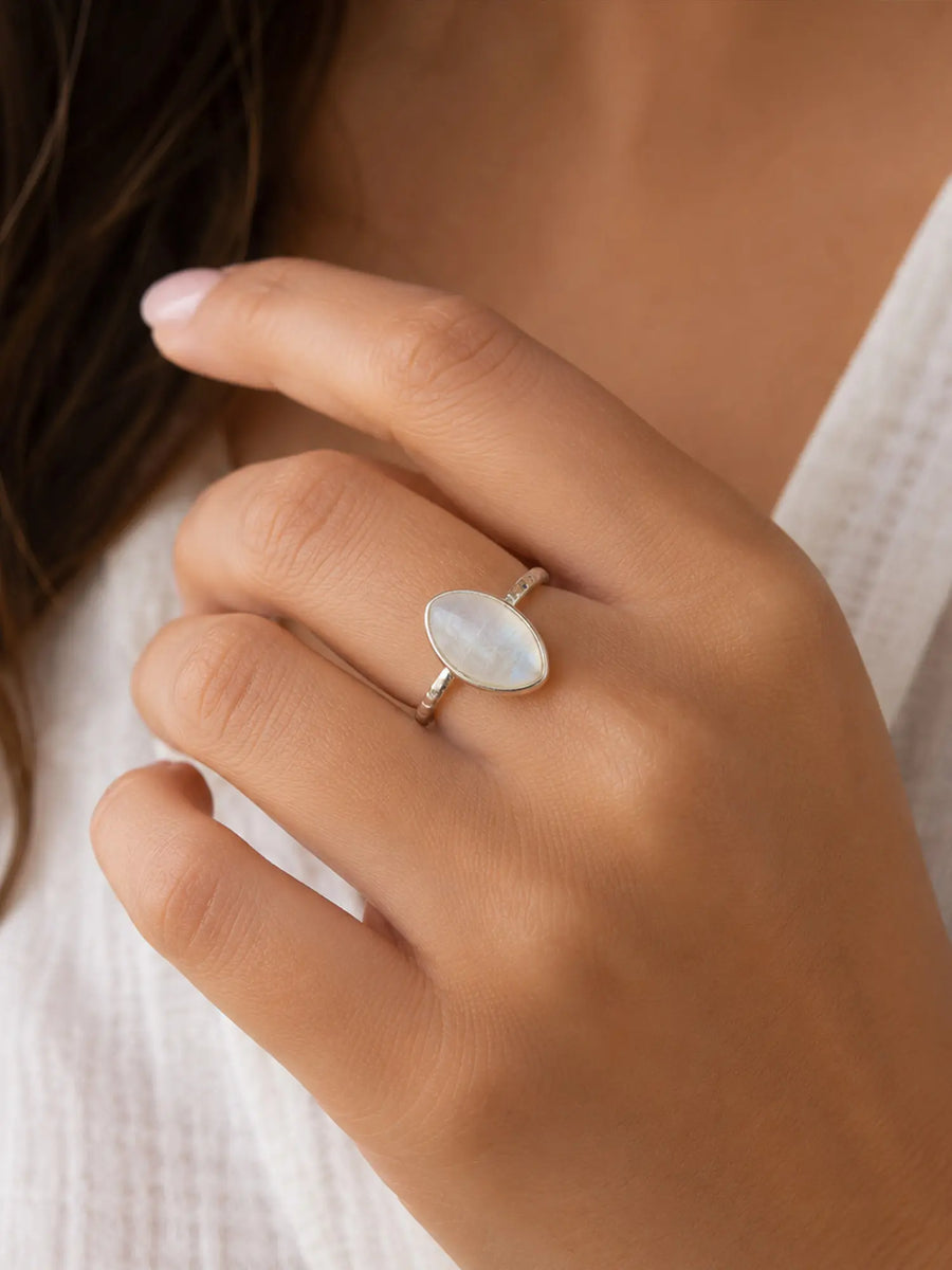 Marquise Cut Rainbow Moonstone Sterling Silver Ring