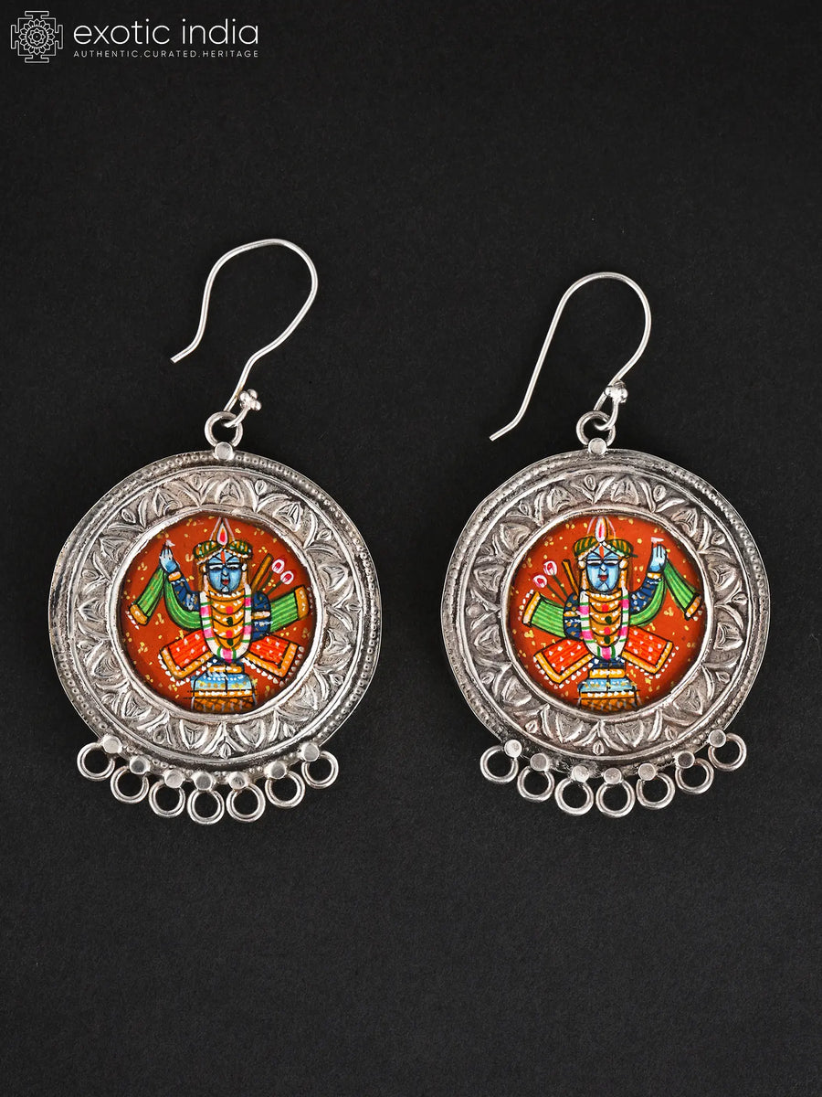 Shrinathji Hand-Painted Sterling Silver Hook Earrings