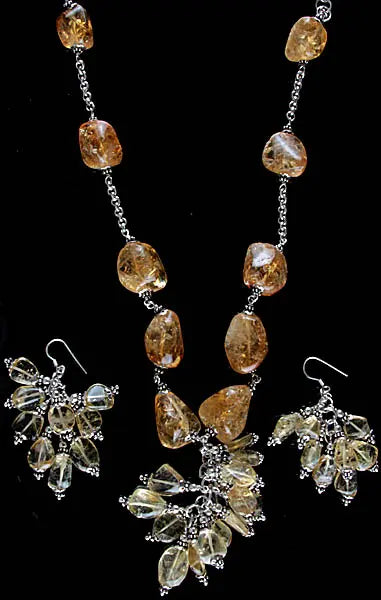 Citrine Nuggets Sterling Silver Necklace and Earrings Set