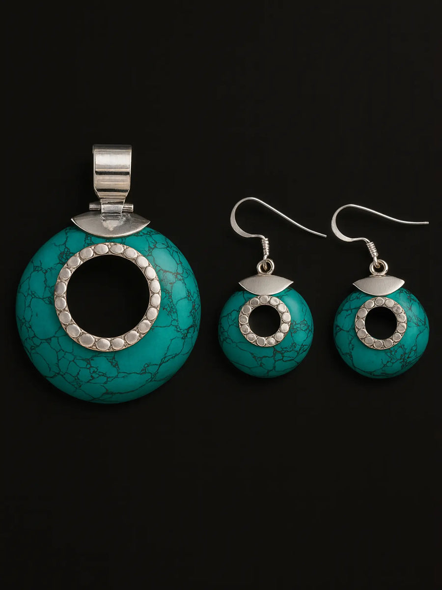 Spiderweb Faux Turquoise Sterling Silver Pendant and Earrings Set