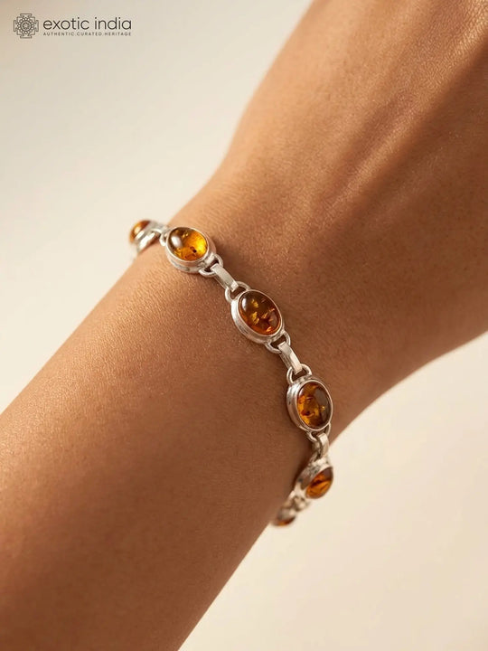 Oval Amber Stone Sterling Silver Link Bracelet