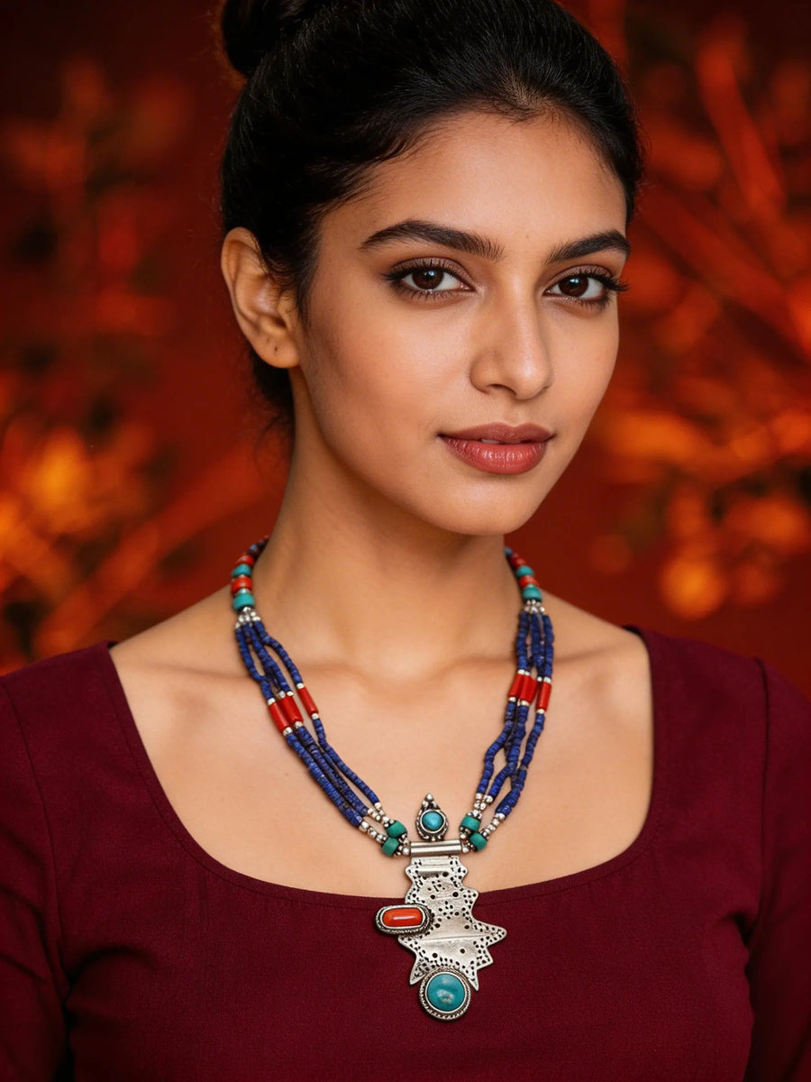 Turquoise, Coral and Lapis Lazuli Sterling Silver Necklace
