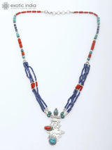 Turquoise, Coral and Lapis Lazuli Sterling Silver Necklace