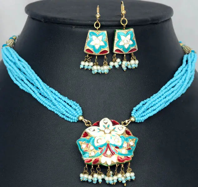 Turquoise Lacquer Floral Multi Strand Necklace Set