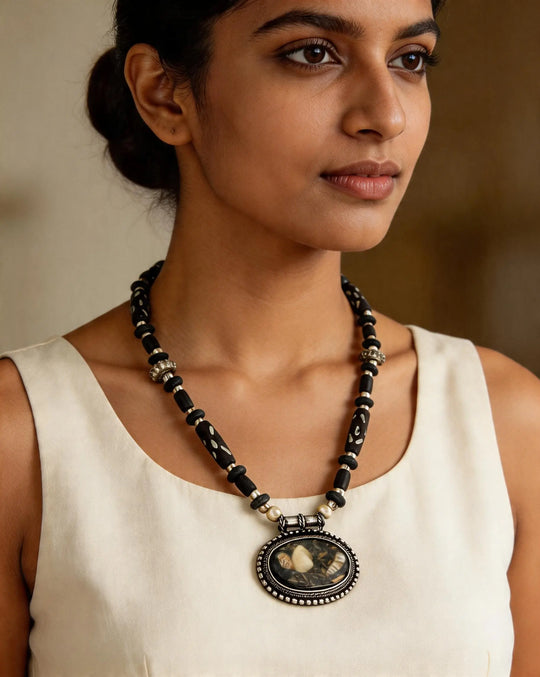 Black Beaded Statement Necklace with Indian Craft Detailing