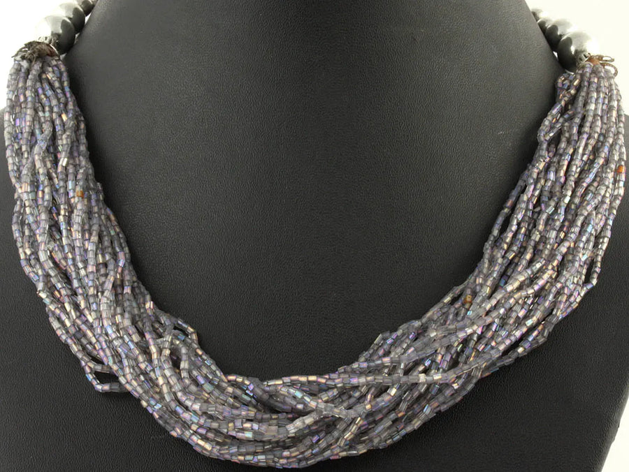 Grey Glass Seed Bead Necklace with Handcrafted Indian Motifs