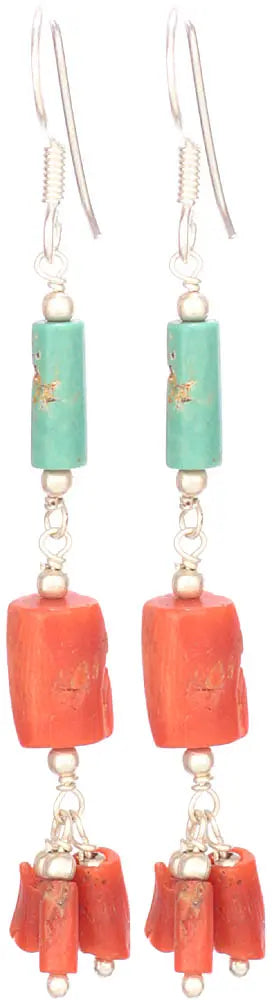 Turquoise and Coral Sterling Silver Earrings