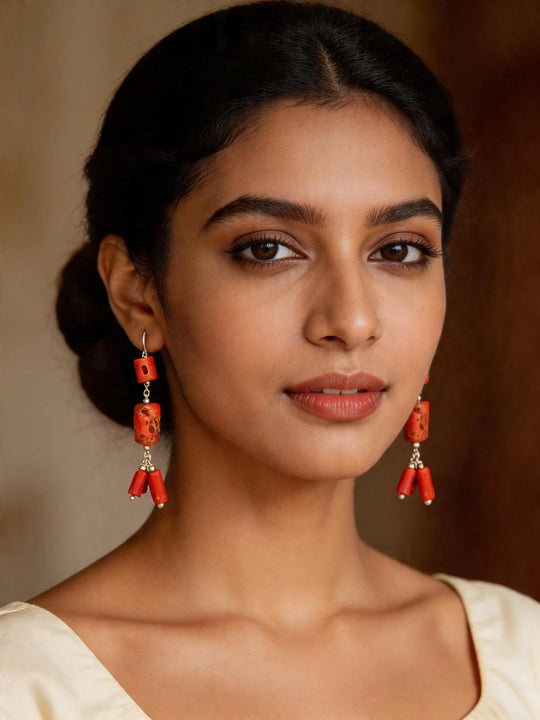 Natural Coral Bead Drop Earrings in Sterling Silver