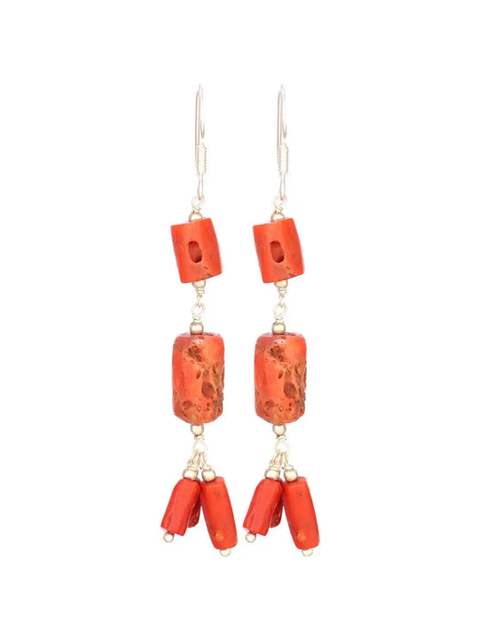 Natural Coral Bead Drop Earrings in Sterling Silver