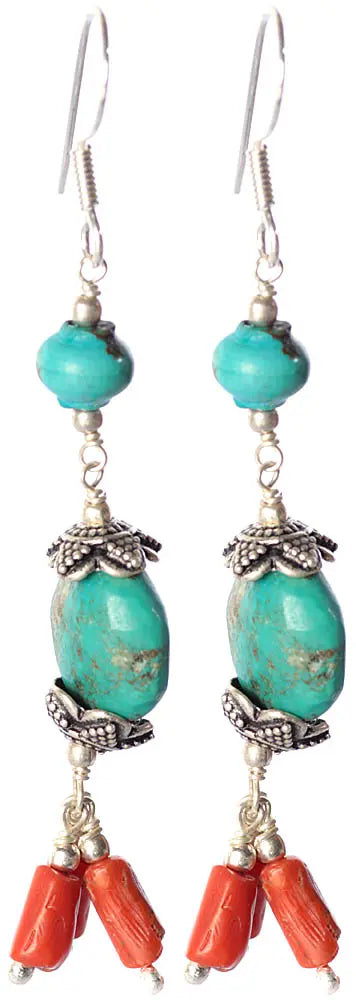 Turquoise and Coral Sterling Silver Earrings